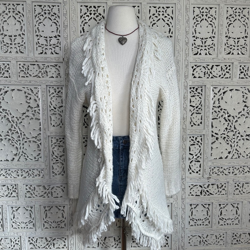 Bethany Mota Ivory Fringe Fuzzy Cardigan‎ Sz Small
